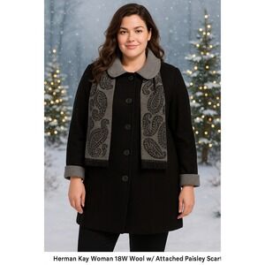 Herman Kay Woman 18W Wool Coat w/ Attached Paisley Scarf Timeless Tailored Chic
